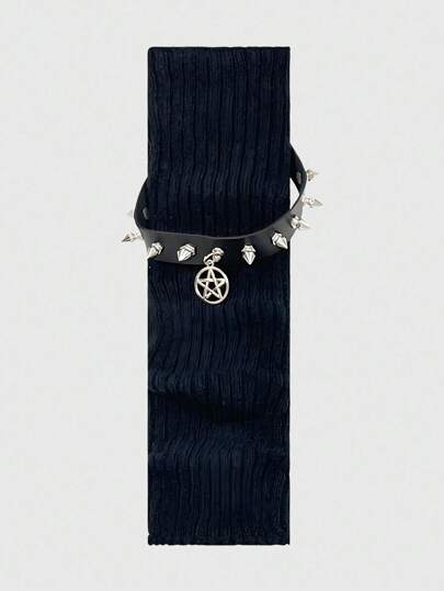 Grunge Punk 1 Paar Punk-Stil schwarze gestrickte Beinwärmer + Fünfzackiger Stern Nieten PU-Leder Beinmanschetten, Gothic ausgestellte gestapelte Beinwärmer, Mode & schlank, geeignet für den täglichen Gebrauch und Festivalpartys, Halloween