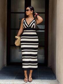 Dripcurv Vestido de suéter largo de ganchillo para vacaciones de primavera y otoño de talla grande - Multicolor - Ver 4