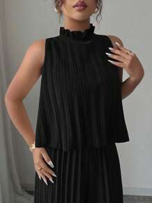 Elenzga Sleeveless Round Neck Pleated Elegant Romantic Women's Jumpsuit - Black - View 3