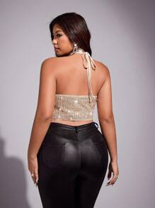 SHEIN PETITE CURVE Áo hai dây hở lưng sequin bất đối xứng gợi cảm cỡ lớn cho bữa tiệc - Màu be - Xem 2