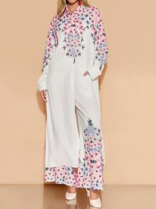 Amorya Women's Long Shacket, White & Pink Textured Fabric, Long Sleeve, Wide Leg Pants, Loose & Elegant Daily Wear, Spring/Summer, Autumn 2-Piece Set Teacher Outfits For Women