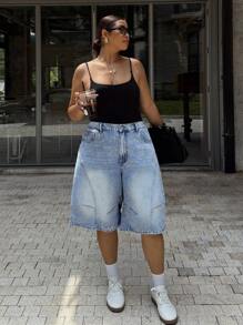 SHEIN EZwear Quần jean ống rộng giặt thường ngày mùa hè cỡ lớn - Màu xanh lam - Xem 6