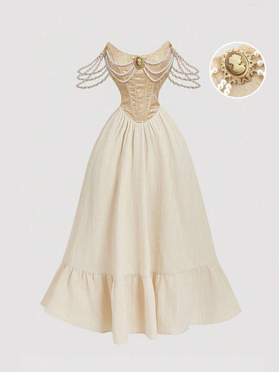 SHEIN MOD Váy trễ vai đính ngọc trai trang trí cho nữ - Nhiều màu - Xem 1