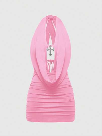 Grunge Punk Sexy Millennium Pendant Cross Draped Neck Tie Up Women Mini Dress