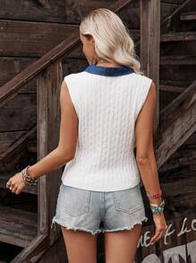 LanaWest Women's Solid Color Denim Collar Elegant Western Style Knit Sweater - White - View 2