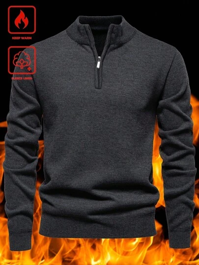 Calvornis Men's Casual Solid Color Knit Sweater, Autumn/Winter Men Quarter Zip Thermal Lined Thermal Lined And Thickened Sweater, Long Sleeve Top