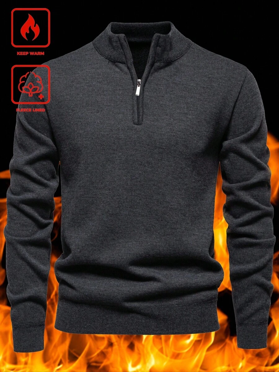 Calvornis Men's Casual Solid Color Knit Sweater, Autumn/Winter Men Quarter Zip Sweater Men Thermal Sweater Men Fleece Lined Sweater Fleece-Lined And Thickened