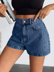 EURMUSE High Waist Rhinestone Slant Pocket Casual Denim Shorts - Light Wash - View 6