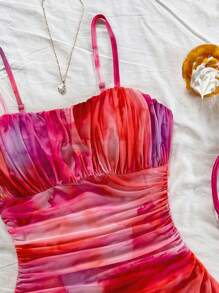 Soleia Women's Holiday Pink Tie Dye Romantic Spaghetti Strap A-Line Cute Mini Dress, Outfit Suitable For Party, Date, Valentine's Day, Easter, Carnival, Beach Cruise Vacation, Afternoon Tea, Spring/Summer Fashion Dress,Boho,Autumn And Winter,Back To School,Homecoming,Concert,Halloween,Christmas,Teacher,Night Out - Multicolor - View 4