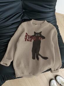SHEIN EZwear Áo len chui đầu họa tiết mèo kaki thường ngày đa năng, cỡ lớn, thích hợp cho mùa thu/đông - Màu Khaki - Xem 4