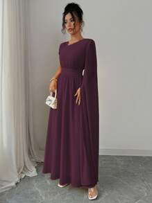 Selianne 女士雪纺衬里优雅不对称肩部、领口、袖子褶皱腰连衣裙，适合下午茶派对，春夏季