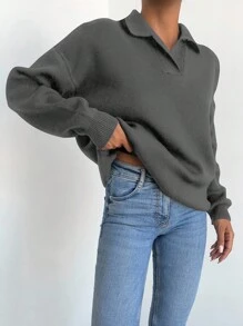 SHEIN Cottnline 女士落肩翻領毛衣 - 深灰色 - 查看 5