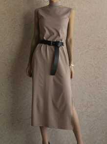 DAZY Women's High Neck Straight Slit Midi Dress - Khaki - View 2