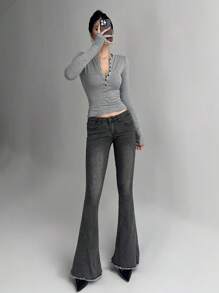 DAZY 女式半拉链长袖紧身T恤，秋季女装 - 灰色 - 查看 6