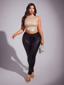 SHEIN PETITE CURVE Áo hai dây hở lưng sequin bất đối xứng gợi cảm cỡ lớn cho bữa tiệc - Màu be - Xem 4