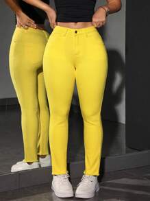 SHEIN PETITE 女式口袋紧身休闲百搭牛仔裤 - 黃色 - 查看 3