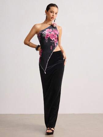 ROMWE Avant Nouveau Top de réservoir asymétrique pour femmes avec imprimé floral style chinois, en velours bicolore avec dentelle contrastée et décoration de fleurs 3D