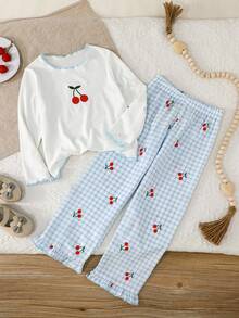 SHEIN 两件套女童圆领刺绣樱桃图案弹力腰格纹条纹樱桃休闲套装，长袖上衣和喇叭裤，秋冬款 - 彩色 - 查看 4