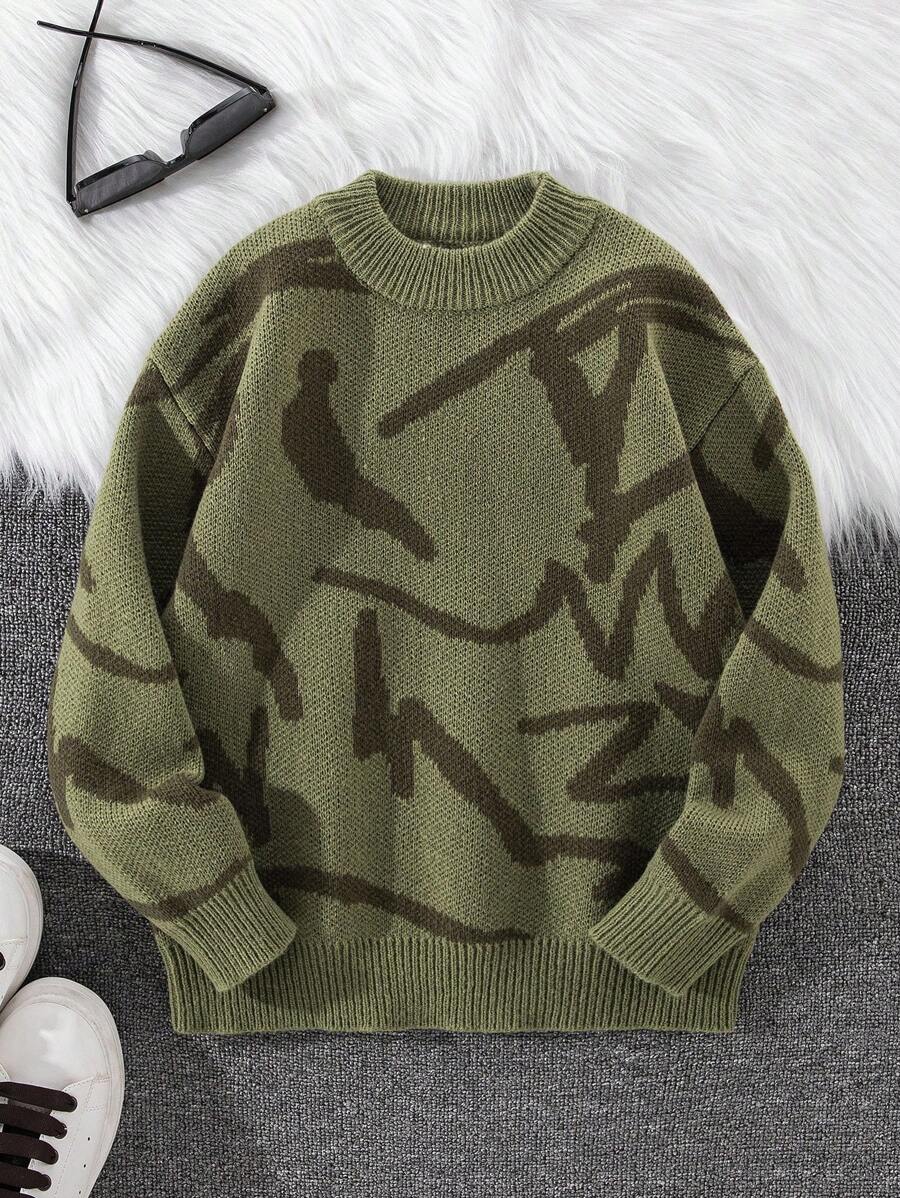 Tweenboy Graffiti Distressed Texture Crew Neck Sweater, Suitable For Winter, Travel, And School Fall - Army Green - View 1