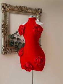 SHEIN Belle Elegant Red Handmade Large Three-Dimensional Flower Stand-Up Collar Backless Short Body Shaping Bandage Formal Dinner Cocktail Dress - Red - View 5