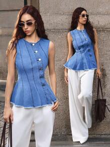 SHEIN Frenchy 女式牛仔无袖上衣，纽扣装饰，不对称设计，缝线纽扣牛仔版型，Y2K 无袖牛仔上衣 - 藍色 - 查看 1