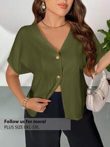 Firerie ملابس علوية أبيض بسيط ذو لون واحد مقاس كبير مع أكمام خفافيش مزدوجة الصدر مفتوح الأمام، ملابس علوية بأزرار وياقة على شكل حرف V للنساء مقاسات كبيرة