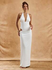 SHEIN BAE White Deep V-Neck Slim Romper & Elegant Long Dress Two Pieces Outfit, Suitable For Wedding Guest, Spring/Summer