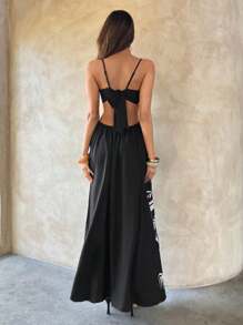 Aloruh 满版印花镂空夏季休闲百搭吊带背心连衣裙 - 卡其色 - 查看 3