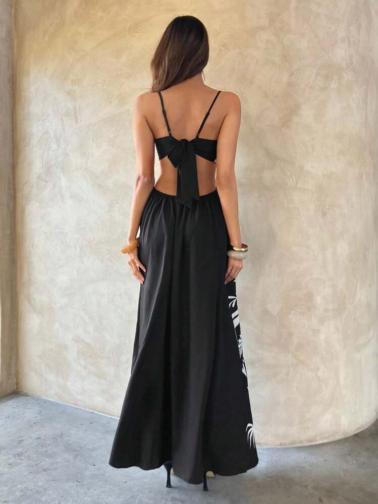 Aloruh Vestido de Alça Versátil de Verão Estampado com Recortes - Caqui - Visão 2