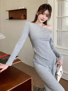 SHEIN 青少年女童两件套秋冬休闲毛绒不对称露肩上衣搭配宽松阔腿裤套装，返校季，休闲优雅套装，居家休闲 - 灰色 - 查看 4
