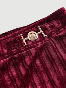 SHEIN MOD 金属扣休闲时尚百搭宽松阔腿女裤 - 酒紅色 - 查看 5