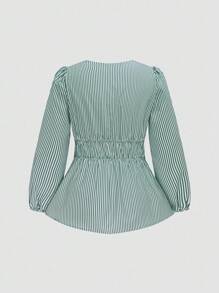 Sweetra 大码休闲通勤条纹泡泡袖系带衬衫 - 綠色 - 查看 2