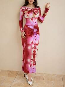 Stephany M Floral Print Cut Out Ruched Fitted Sexy Backless Maxi Dress Summer Women Beachwear Swimwear - Multicolor - View 7