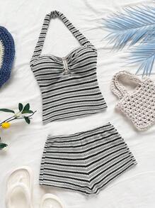 Soleia Women's Striped Ruffle Halter Top And Shorts 2 Pieces Set Striped Two Piece Set Halter Two Piece Women Striped Set - Multicolor - View 6