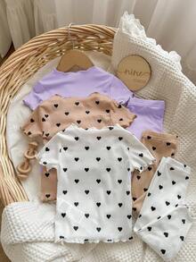 6pcs/Set Baby Girl Heart Pattern Ruffle Trim Round Neck Short Sleeve Pajama Set, Soft & Skin-Friendly - Multicolor - View 2