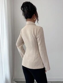 Siren Gaze 女士优雅双排扣西装外套，通勤必备，适合通勤、秋季、冬季、商务休闲、办公室、工作场合，商务职业女性适用，粗花呢西装外套，修身腰部设计，通勤百搭，简约风格，办公室必备，复古韵味，简约棕色 - 卡其色 - 查看 2