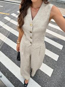 Serisse 女式V领无袖单排扣金属纽扣西装套装 - 杏色 - 查看 1