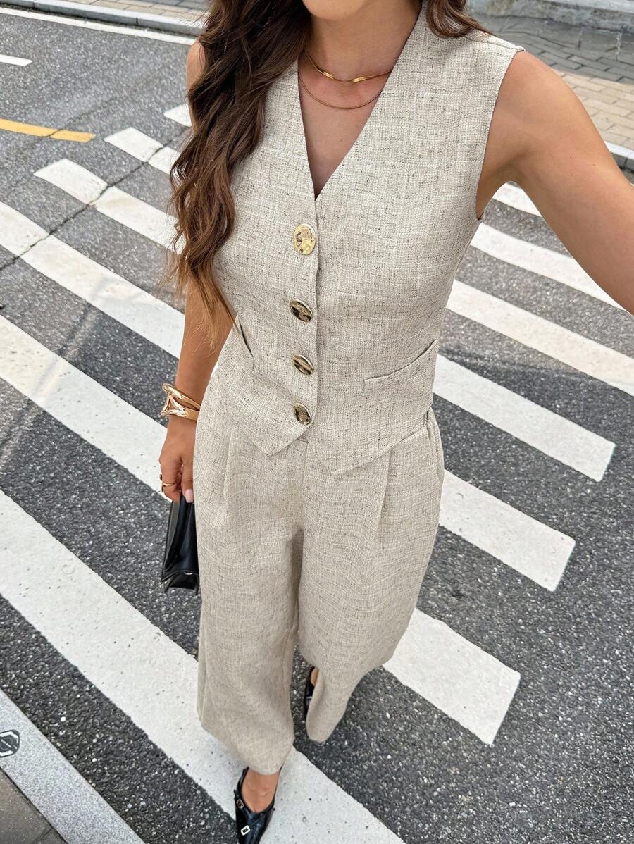 Serisse 女式V领无袖单排扣金属纽扣西装套装 - 杏色 - 查看 1