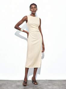 Maija 女式无袖系带中长连衣裙，修身廓形，适合城市通勤、商务、休闲装，优雅适合圣诞节、万圣节、派对、婚礼宾客 - 杏色 - 查看 4