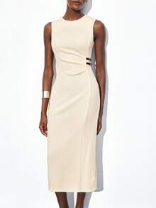 Maija 女式无袖系带中长连衣裙，修身廓形，适合城市通勤、商务、休闲装，优雅适合圣诞节、万圣节、派对、婚礼宾客 - 杏色 - 查看 7