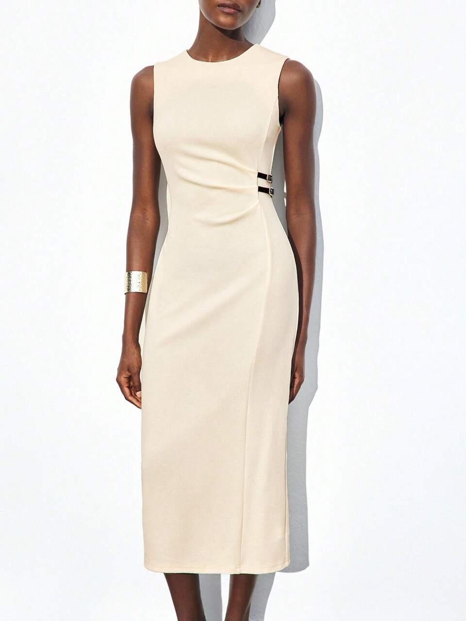 SHEIN Maija Women's White Summer Elegant Day Party Sleeveless Belted Midi Dress,Fitted Silhouette,Urban Commute,Business,Casual,Christmas,Halloween,Wedding Guest
