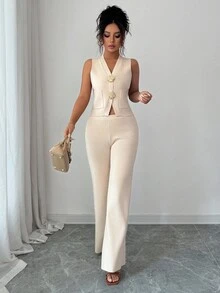 Siren Gaze 2-Piece Set Women's Minimalist Sleeveless Button-Up Knit Vest And Trousers Set For Autumn (New Autumn Style) For Everyday Wear,Teacher Outfits For Women,Fall Clothes For Women,Lounge Sets For Women, Old Money Style Women , Beige Two Piece Set, Elegant Two Piece Set         Two Piece Pant Set      Knit Two Piece Set Winter Casual - Apricot - View 5