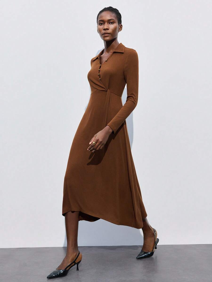 Maija Vestido de manga larga con dobladillo asimétrico color caramelo, otoño 2025, tonos de marrón, elegante, atuendo moderno urbano para oficina, fiesta de Navidad, Acción de Gracias y citas para mujeres - Café integral - Ver 1