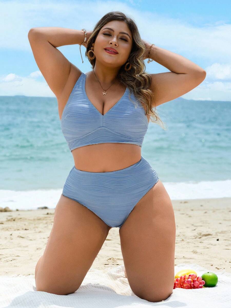 Swim Vcay Set Pakaian Renang Bikini Pantai Musim Panas Wanita Ukuran Besar Warna Polos Bertekstur - Baby Blue - View 1