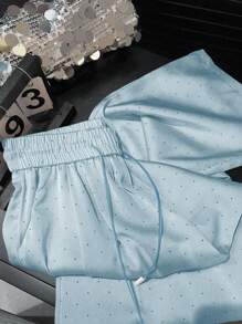 Franclia High Waist Rhinestone Satin Elastic Waist Tied Loose Draping Straight-Leg Pants Fall Cloth For Women - Blue - View 4