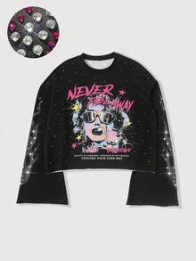 ROMWE MEN Street Life Men's Fashion Figure & Slogan Print Rhinestone T-Shirt, 2000s Style - Black - View 1