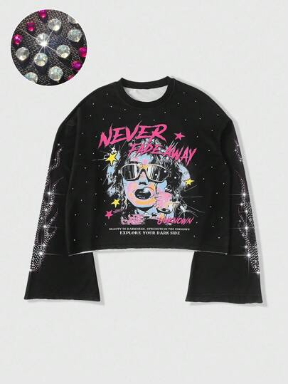 Street Life Camiseta con estampado de figura y eslogan con rhinestones, estilo de los 2000