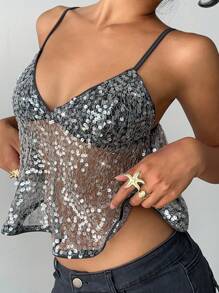 Aloruh 大码女士亮片上衣，吊带可爱上衣，派对礼服，Y2K 时尚优雅音乐节派对亮片上衣，可爱派对礼服 - 灰色 - 查看 8