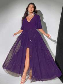 Viva Relle 大码深 V 领闪亮派对长裙，短袖 - 紫色 - 查看 1