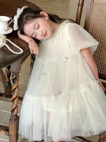 DAZY 韩版少女薄纱蝴蝶结中长派对连衣裙 - 杏色 - 查看 8